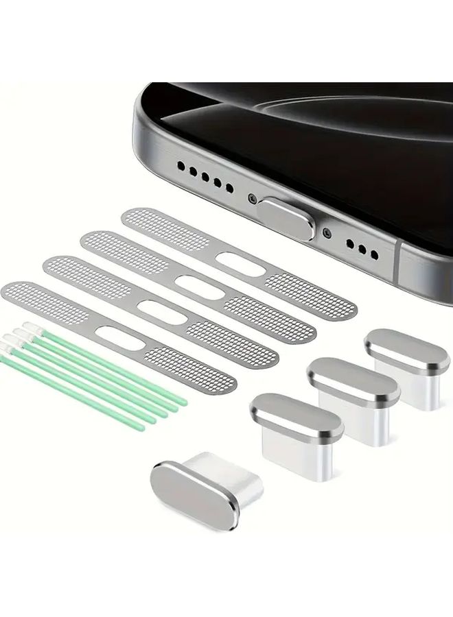 Silver 13 Pcs Phone Dust Plug Set with Covers and Cleaning Swabs for Type C iPhone 15 16 - Image 2