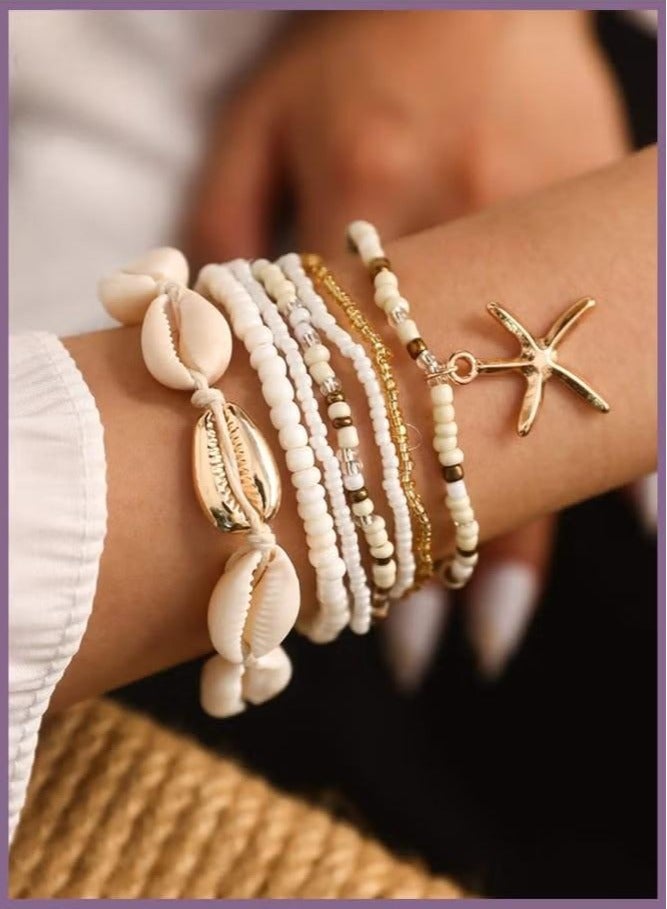 7-Piece Bohemian Style Beaded Bracelets, Shell Rice Beads, Star Coral Bracelet Starfish Pendant for Women  - Image 1
