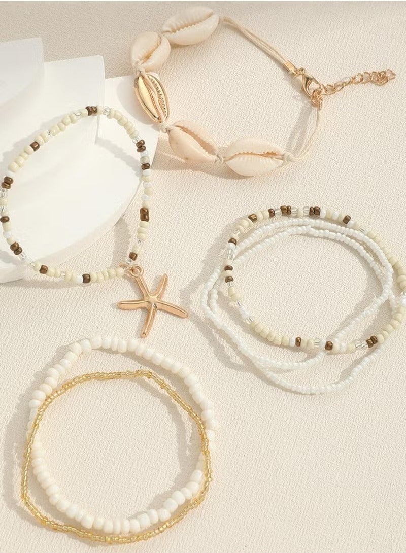 7-Piece Bohemian Style Beaded Bracelets, Shell Rice Beads, Star Coral Bracelet Starfish Pendant for Women  - Image 2