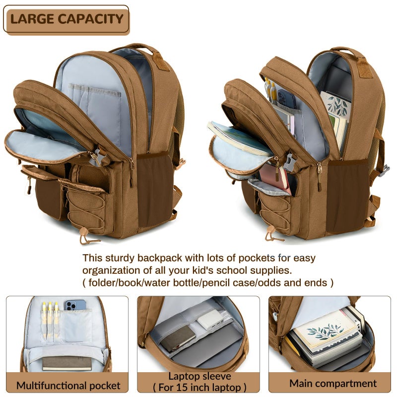 Lohol Water Resistant Daypack with Mulitiple Pockets for Travel Outdoor College, 15.6 inch Laptop Backpack for Men and Women (Brown) - Image 4