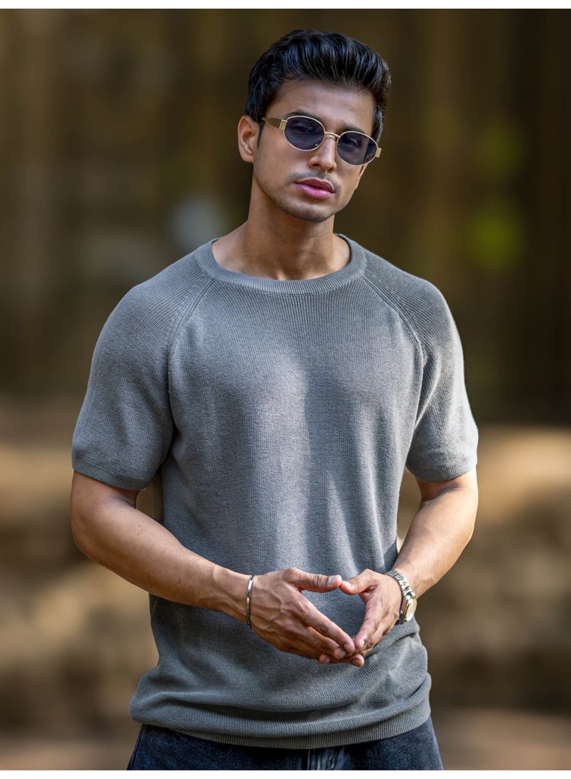 Maniac Mens Solid Raglan Half Sleeve Round Neck Grey Slim Fit T-Shirt - Image 1