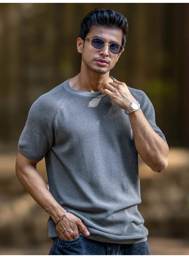 Maniac Maniac Mens Solid Raglan Half Sleeve Round Neck Grey Slim Fit T-Shirt