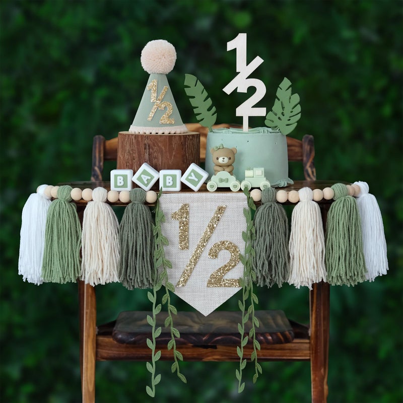 HODIHIWI 1/2 Birthday High Chair Banner For Half Way To One Party Decorations Wood Bead Tassel Garland Green Crown Hat Wooden Cake Topper Happy Half Year Party Photoshoot Props - Image 1