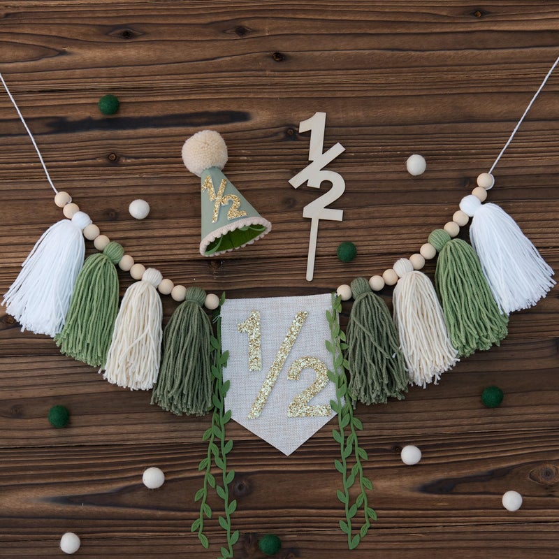 HODIHIWI 1/2 Birthday High Chair Banner For Half Way To One Party Decorations Wood Bead Tassel Garland Green Crown Hat Wooden Cake Topper Happy Half Year Party Photoshoot Props - Image 2
