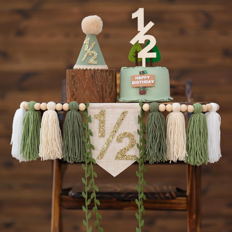 HODIHIWI 1/2 Birthday High Chair Banner For Half Way To One Party Decorations Wood Bead Tassel Garland Green Crown Hat Wooden Cake Topper Happy Half Year Party Photoshoot Props - Image 3