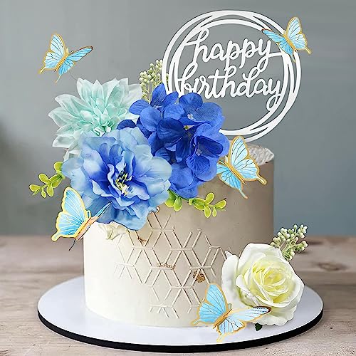 BANBALLON 19 قطعة زينة كعكة زهور زينة كعكة فراشة زينة كعكة عيد ميلاد سعيد مع زهور الورد الأزرق الاصطناعية والفراشات الأوكالبتوس لحفلة عيد ميلاد الفتيات زفاف مستلزمات حفلة استقبال المولود الأزرق - Image 1