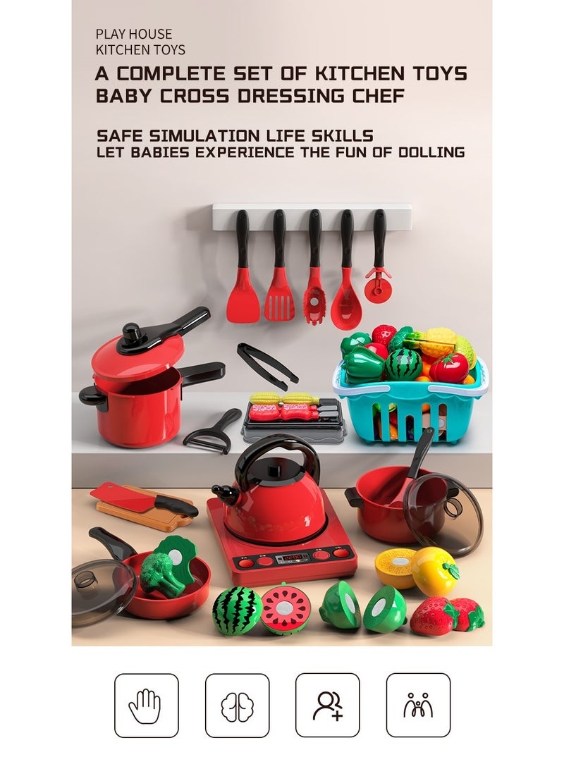 Kids Kitchen Pretend Play Toys Set Cutting Cooking Set with Food Fruits Vegetables Cooking Utensils Educational Early Age Basic Skills Development Gift for Toddlers Children (82 pcs) - Image 1