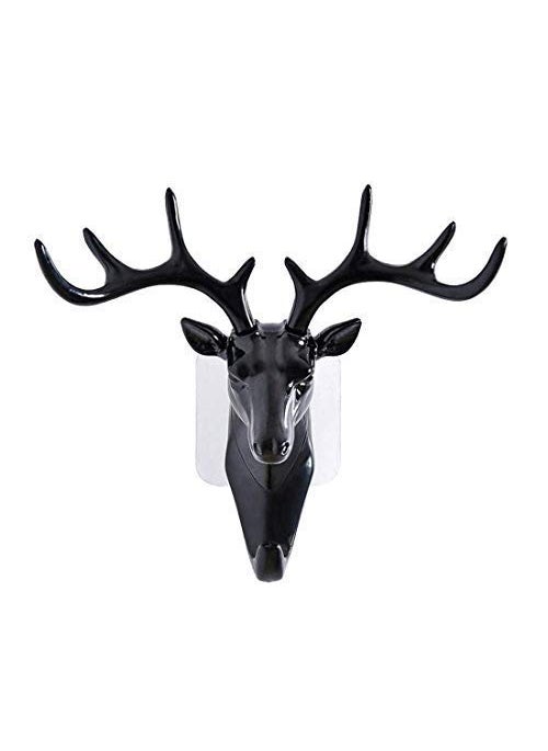 LUCKYMORDEN LUCKYMORDEN Deer Head Hanging Hook Self Adhesive Wall Door Hook Hanger Bag Keys Sticky HolderBlack Plastic Pack of 2  - Image 1