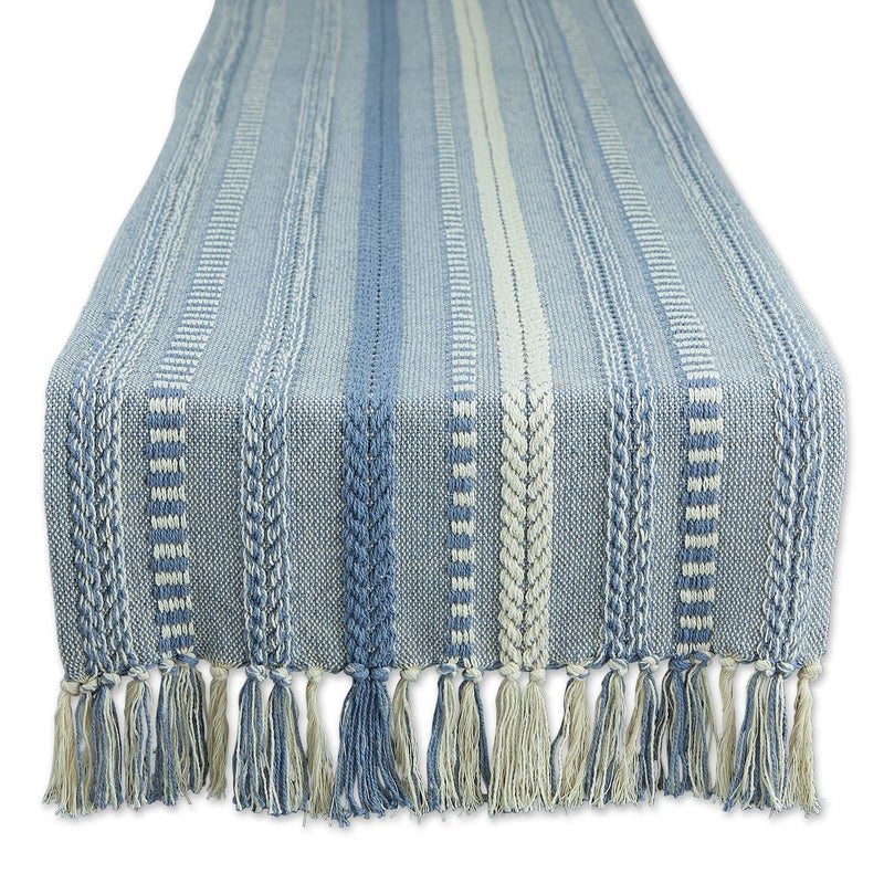 DII Farmhouse Braided Stripe Table Runner Collection 15x108 15x113 Fringe Included Stonewash Blue