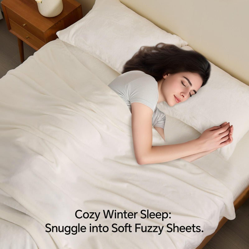 BEDELITE Flannel Sheets Queen Size White - Super Soft Fleece Sheets Set Fluffy Extra Plush, 4 Piece(Include Fitted Sheet, Flat Sheet, 2 Pillowcases) - Image 3