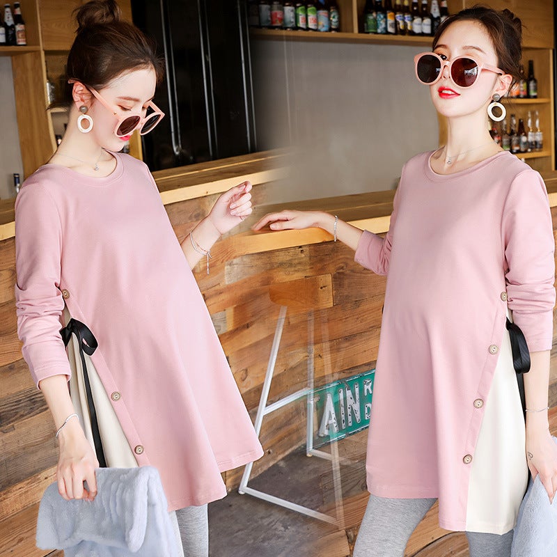 Maternity Autumn Long-Sleeve Loose Tee Dress Pink  - Image 1