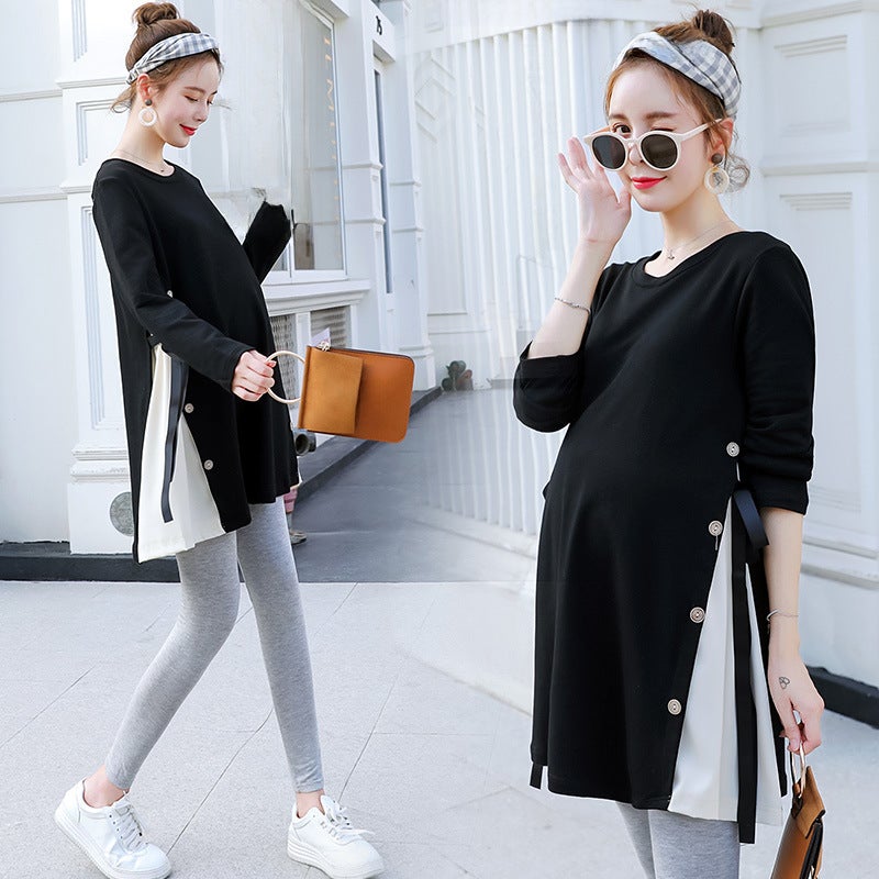 Maternity Autumn Long-Sleeve Loose Tee Dress Pink  - Image 5