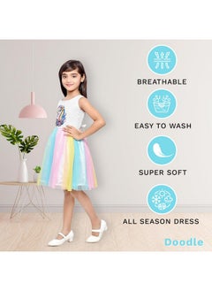 Doodle Doodle Unicorn Dress for Girls | Breathable Kids Frock & Dresses | Western Frocks with Waist Tie & Back Zip | Sleeveless & Knee Length (White with Rainbow Flare | 4 to 9 Years)  - Image 2