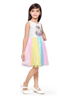 Doodle Doodle Unicorn Dress for Girls | Breathable Kids Frock & Dresses | Western Frocks with Waist Tie & Back Zip | Sleeveless & Knee Length (White with Rainbow Flare | 4 to 9 Years)  - Image 5