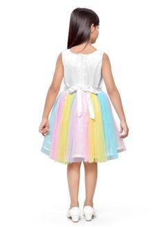 Doodle Doodle Unicorn Dress for Girls | Breathable Kids Frock & Dresses | Western Frocks with Waist Tie & Back Zip | Sleeveless & Knee Length (White with Rainbow Flare | 4 to 9 Years)  - Image 4
