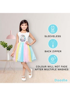 Doodle Doodle Unicorn Dress for Girls | Breathable Kids Frock & Dresses | Western Frocks with Waist Tie & Back Zip | Sleeveless & Knee Length (White with Rainbow Flare | 4 to 9 Years)  - Image 3