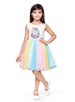Doodle Doodle Unicorn Dress for Girls | Breathable Kids Frock & Dresses | Western Frocks with Waist Tie & Back Zip | Sleeveless & Knee Length (White with Rainbow Flare | 4 to 9 Years)  - Image 1