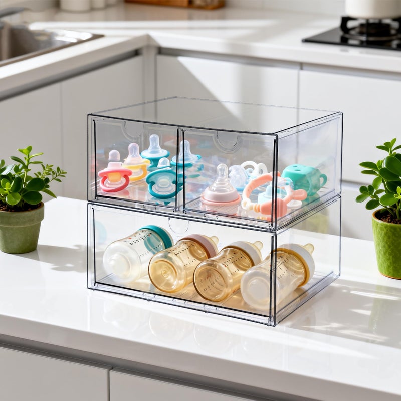 Prsildan Acrylic Drawer Makeup Organizer with 3 Drawers, Clear Stackable Storage for Baby Bottles, Craft, Jewelry & Hair Accessories, Multi-Use for Vanity, Countertop, Office Desk Organization - Image 2