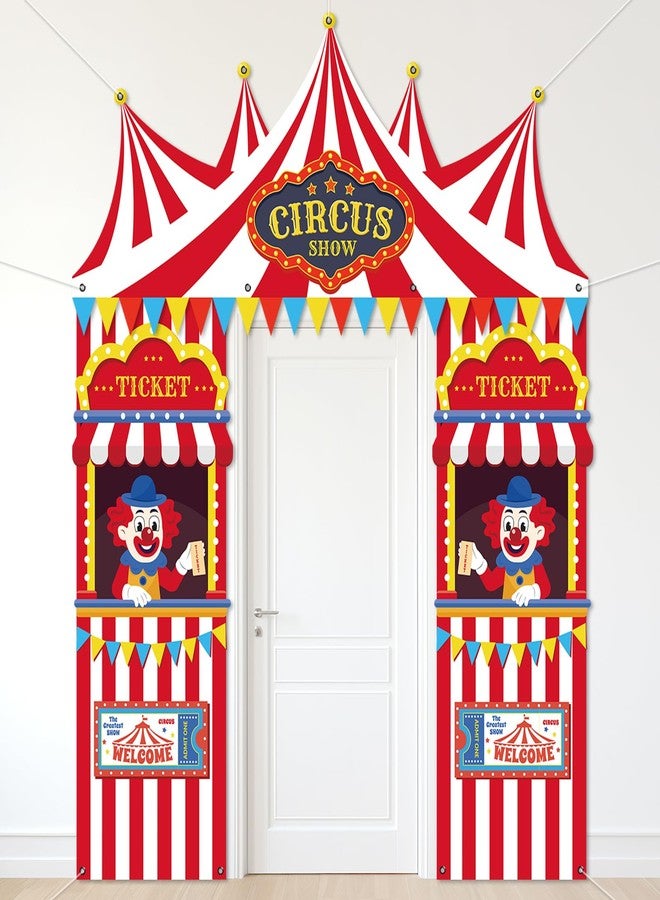 OBUSATT 3Pcs Carnival Circus Tent Porch Banner Decorations Circus Party Awning Hanging Banner Red White Striped Photo Props Welcome Door Decor for Clown Party Birthday Baby Shower Classroom Supplies - Image 1