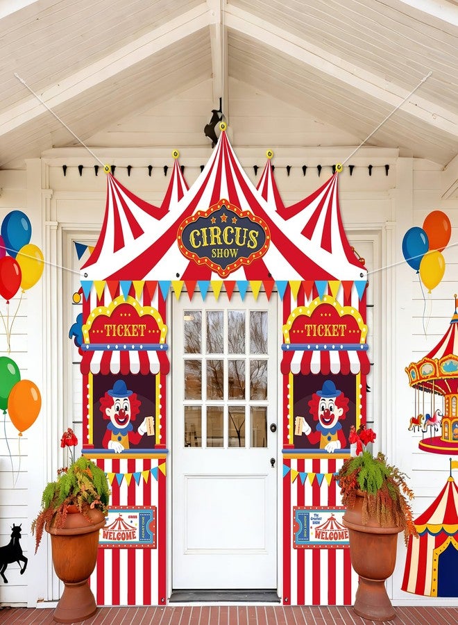 OBUSATT 3Pcs Carnival Circus Tent Porch Banner Decorations Circus Party Awning Hanging Banner Red White Striped Photo Props Welcome Door Decor for Clown Party Birthday Baby Shower Classroom Supplies - Image 4