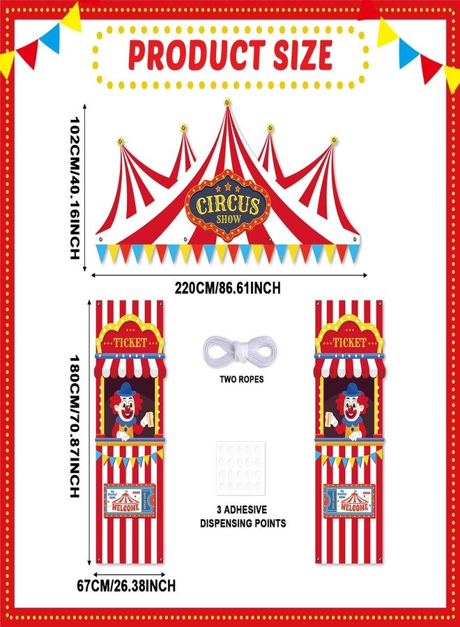 OBUSATT 3Pcs Carnival Circus Tent Porch Banner Decorations Circus Party Awning Hanging Banner Red White Striped Photo Props Welcome Door Decor for Clown Party Birthday Baby Shower Classroom Supplies - Image 2