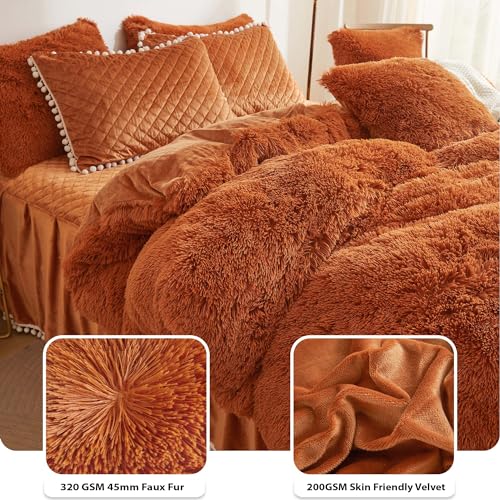 LIFEREVO Terracotta Plush Shaggy Duvet Cover Set, Soft Velvet Fluffy Comforter Quilt Cover Bedding Set(1 Faux Fur Fuzzy Duvet Cover + 2 Pompoms Pillow Cases), Zipper Closure(King, Burnt Orange) - Image 5