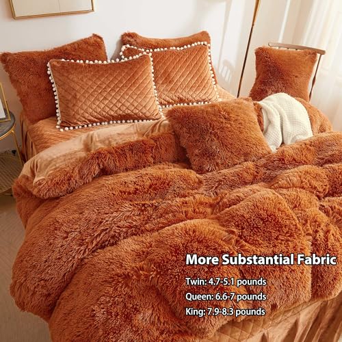 LIFEREVO Terracotta Plush Shaggy Duvet Cover Set, Soft Velvet Fluffy Comforter Quilt Cover Bedding Set(1 Faux Fur Fuzzy Duvet Cover + 2 Pompoms Pillow Cases), Zipper Closure(King, Burnt Orange) - Image 4
