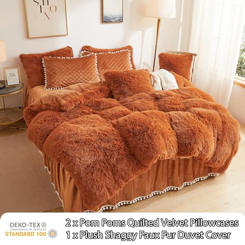 LIFEREVO Terracotta Plush Shaggy Duvet Cover Set, Soft Velvet Fluffy Comforter Quilt Cover Bedding Set(1 Faux Fur Fuzzy Duvet Cover + 2 Pompoms Pillow Cases), Zipper Closure(King, Burnt Orange) - Image 3
