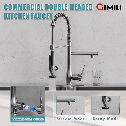 GIMILI Black Stainless Kitchen Faucet with Pull Down Sprayer, Single Handle High Pressure Kitchen Sink Faucet, Commercial Double-Headed Stainless Steel Kitchen Faucet - Image 4