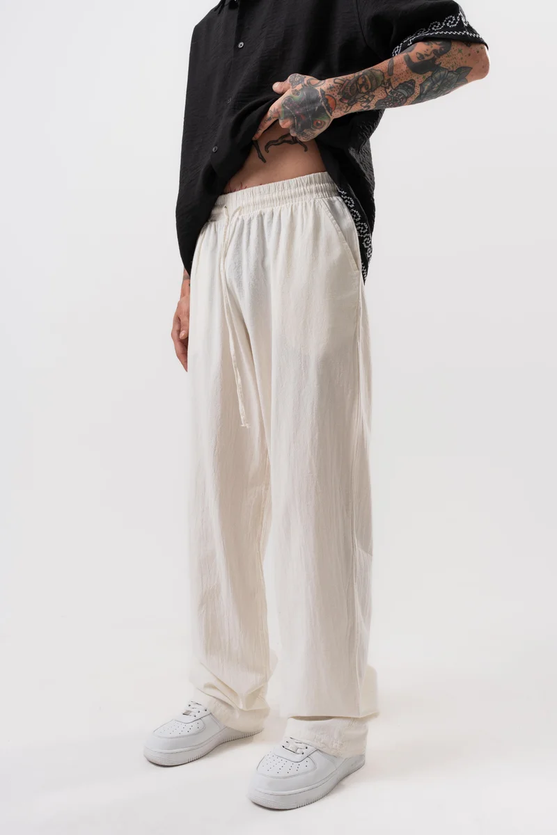 RESPIRE Men's Muslin Fabric Baggy Trousers, Ecru