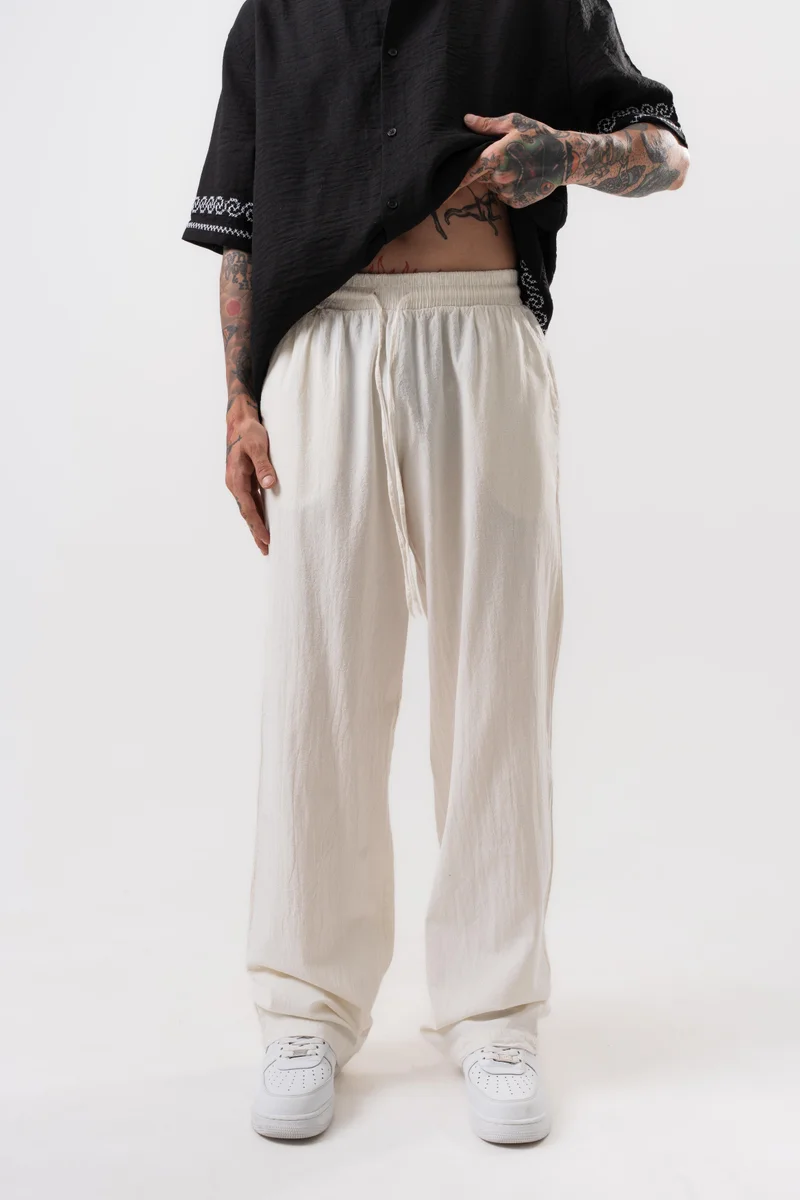 RESPIRE Men's Muslin Fabric Baggy Trousers, Ecru