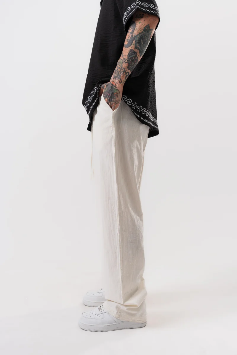 RESPIRE Men's Muslin Fabric Baggy Trousers, Ecru