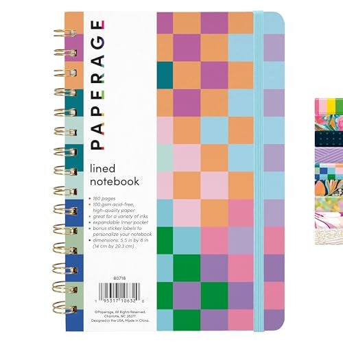 PAPERAGE دفتر ملاحظات حلزوني مزخرف من PAPERAGE، (قوس قزح مربعات)، 160 صفحة، دفتر غلاف صلب للنساء والرجال، متوسط 5.5 بوصة × 8 بوصة - 100 جرام، ورق سميك، دفتر حلزوني للعمل والمدرسة والتدوين. - Image 1