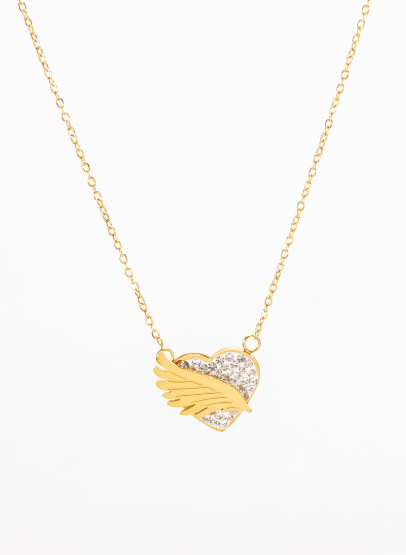 The Black Pearl Accessories Stainless Steel Necklace Golden with a White Zirconic Winging Heart Pendant - Image 1