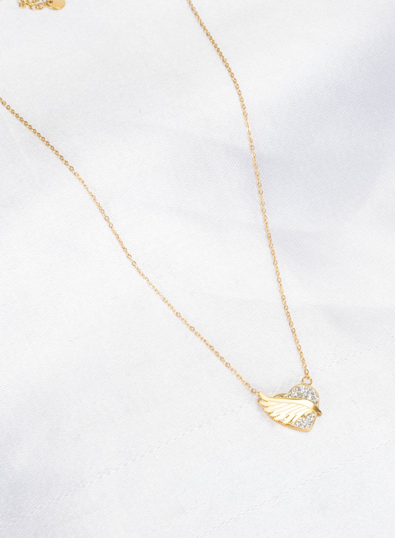 The Black Pearl Accessories Stainless Steel Necklace Golden with a White Zirconic Winging Heart Pendant - Image 3