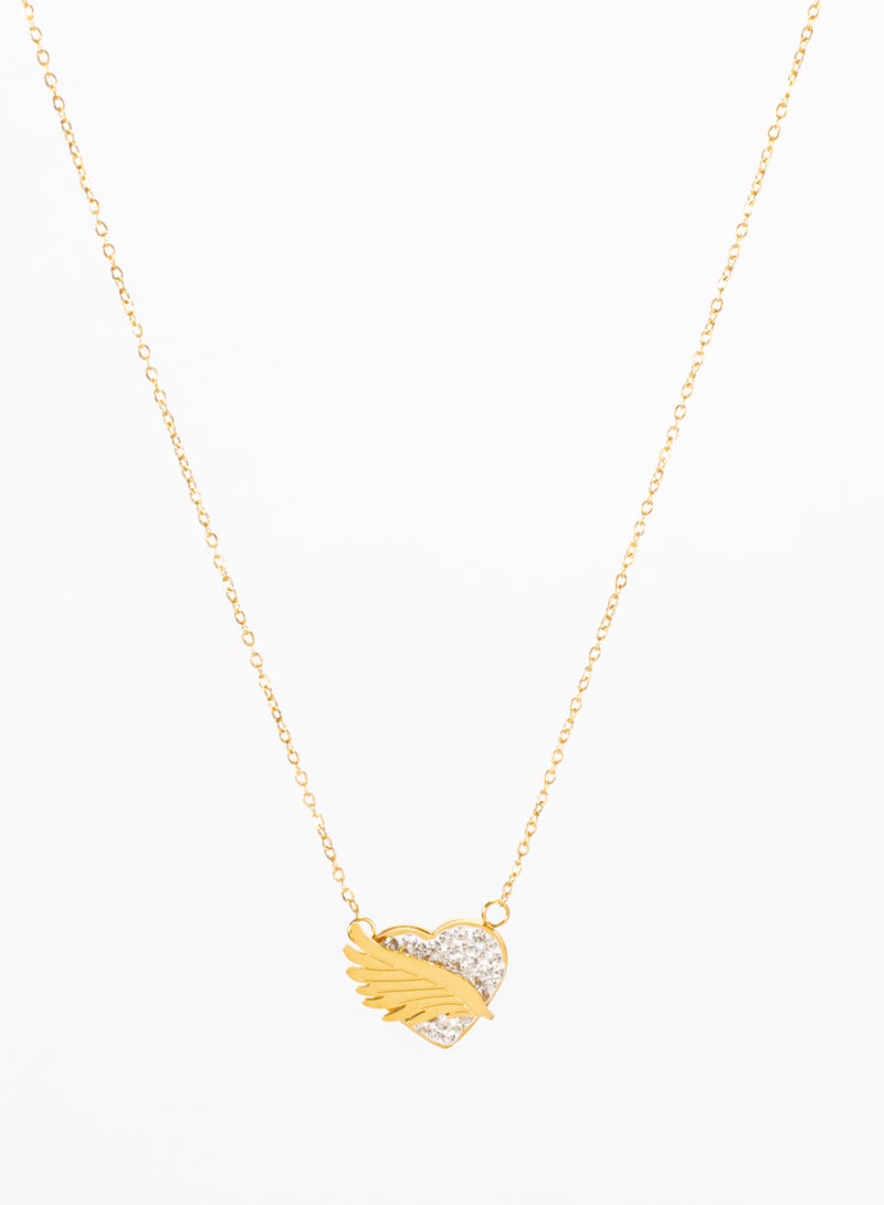 The Black Pearl Accessories Stainless Steel Necklace Golden with a White Zirconic Winging Heart Pendant - Image 2