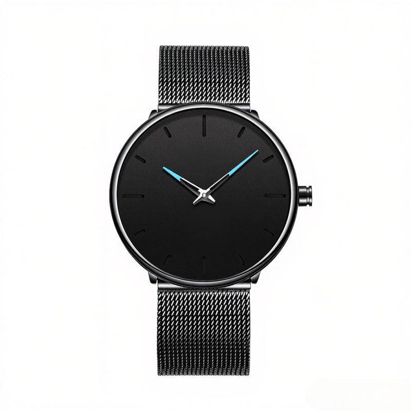 BIDEN Men Ultra Thin Watch: Black Big Dial, Minimalist Design - Fade-Resistant Stainless Steel Mesh Strap for Daily Business & Casual Wear - Image 1