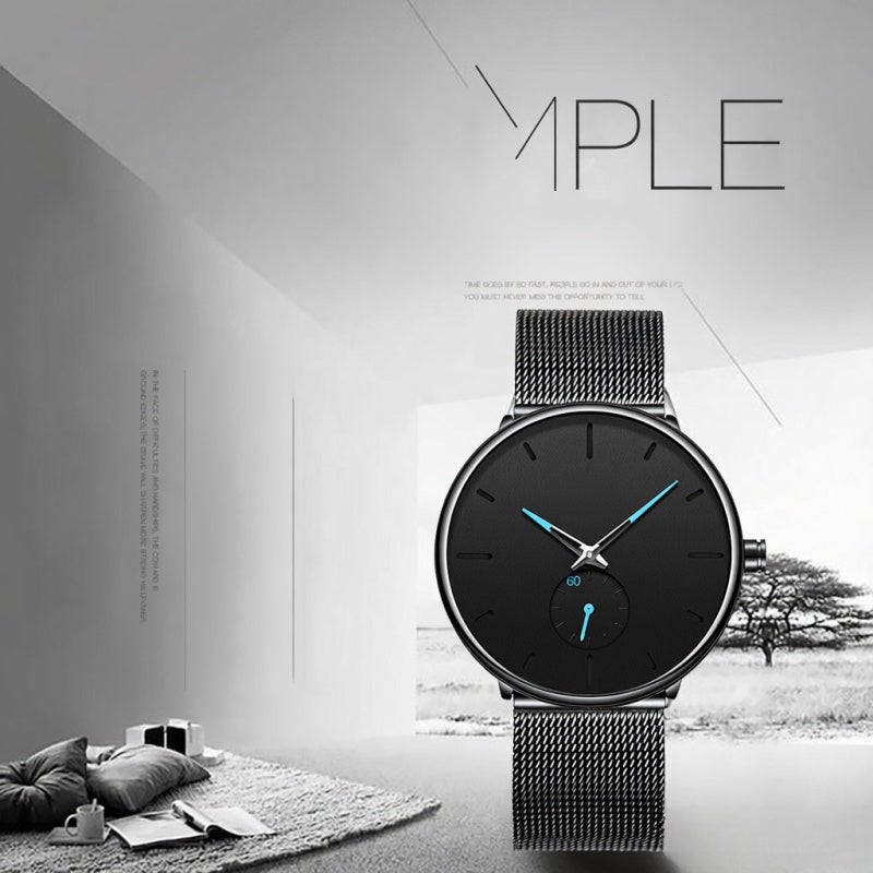 BIDEN Men Ultra Thin Watch: Black Big Dial, Minimalist Design - Fade-Resistant Stainless Steel Mesh Strap for Daily Business & Casual Wear - Image 2