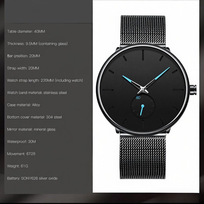 BIDEN Men Ultra Thin Watch: Black Big Dial, Minimalist Design - Fade-Resistant Stainless Steel Mesh Strap for Daily Business & Casual Wear - Image 3