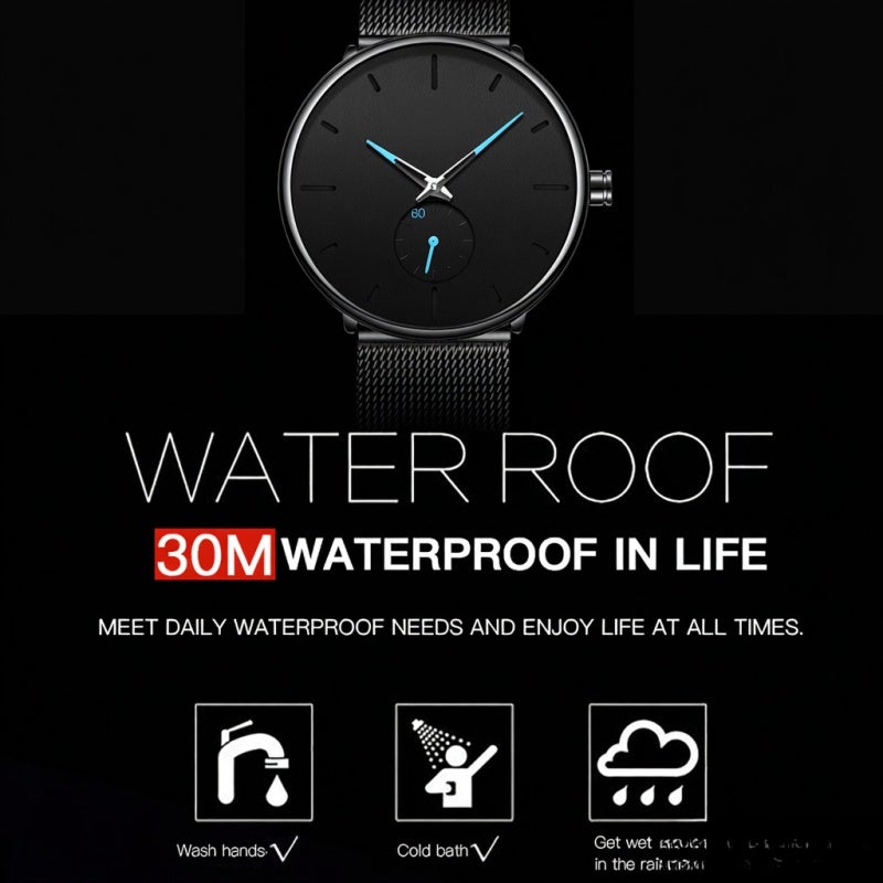 BIDEN Men Ultra Thin Watch: Black Big Dial, Minimalist Design - Fade-Resistant Stainless Steel Mesh Strap for Daily Business & Casual Wear - Image 4