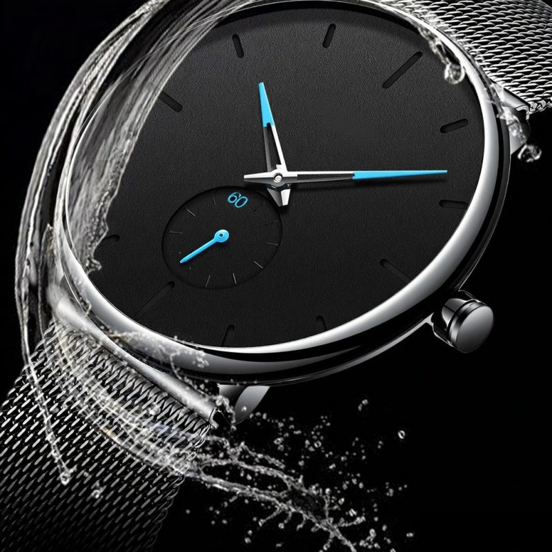 BIDEN Men Ultra Thin Watch: Black Big Dial, Minimalist Design - Fade-Resistant Stainless Steel Mesh Strap for Daily Business & Casual Wear - Image 5