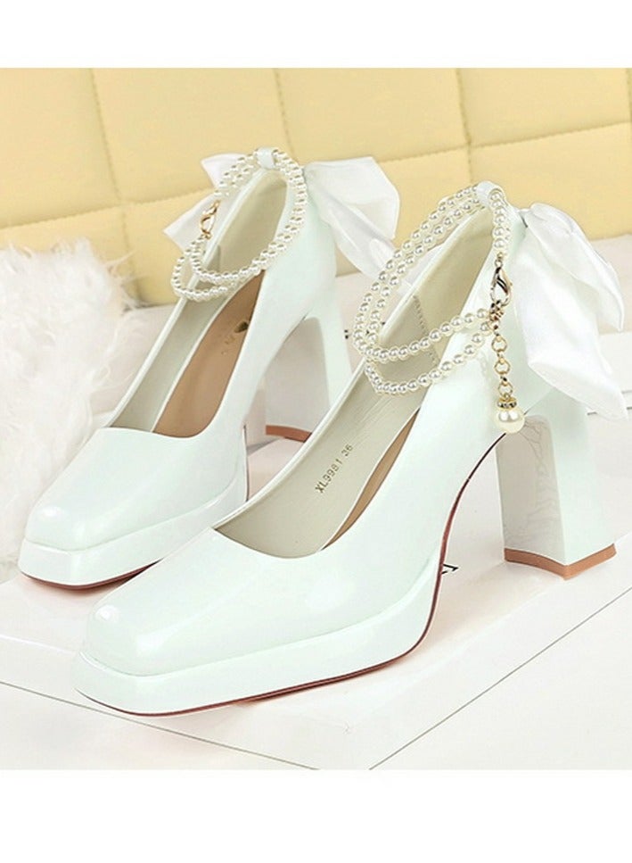BIGTREE Womens Patent Leather Platform Chunky High Heel Square Closed Toe Ankle Strap Beaded Decoration Pumps White 9CM - Image 1