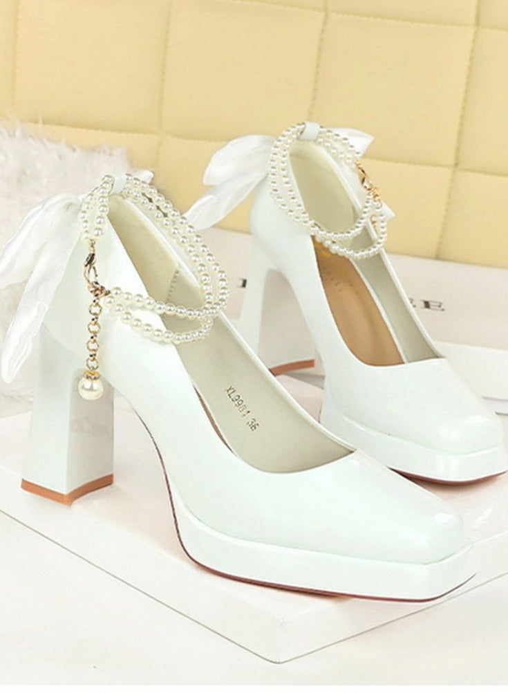 BIGTREE Womens Patent Leather Platform Chunky High Heel Square Closed Toe Ankle Strap Beaded Decoration Pumps White 9CM - Image 2