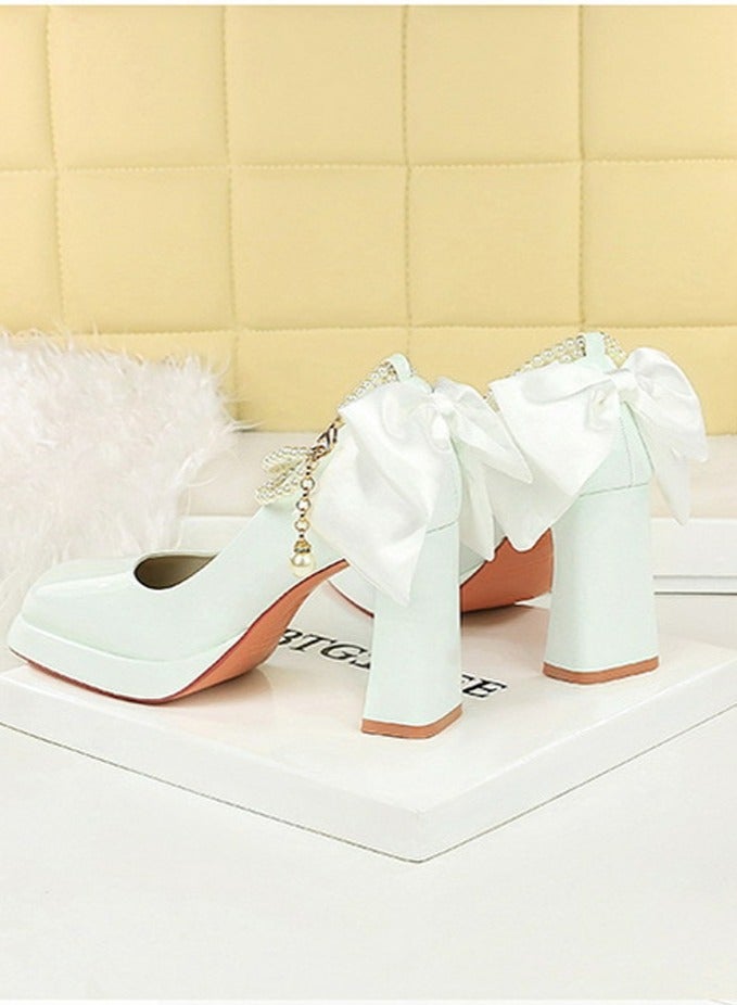 BIGTREE Womens Patent Leather Platform Chunky High Heel Square Closed Toe Ankle Strap Beaded Decoration Pumps White 9CM - Image 3