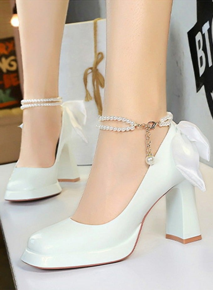 BIGTREE Womens Patent Leather Platform Chunky High Heel Square Closed Toe Ankle Strap Beaded Decoration Pumps White 9CM - Image 4