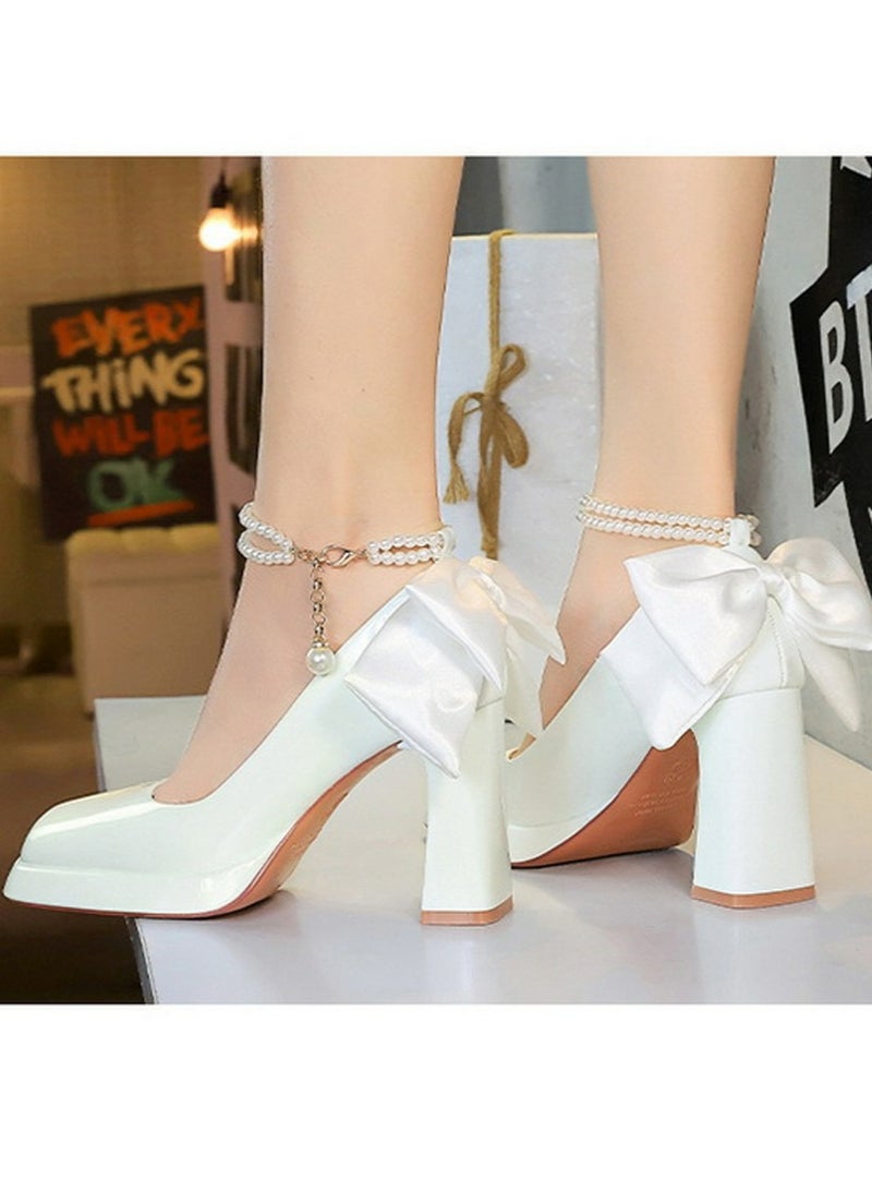 BIGTREE Womens Patent Leather Platform Chunky High Heel Square Closed Toe Ankle Strap Beaded Decoration Pumps White 9CM - Image 5