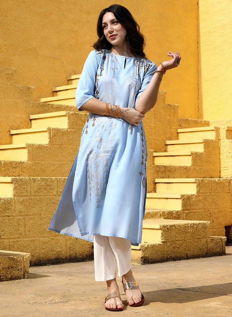 Qissa  Women's Icy Blue Dreamcatcher Print Kurta With Chalk White Trousers Set for Women | Best Price UAE