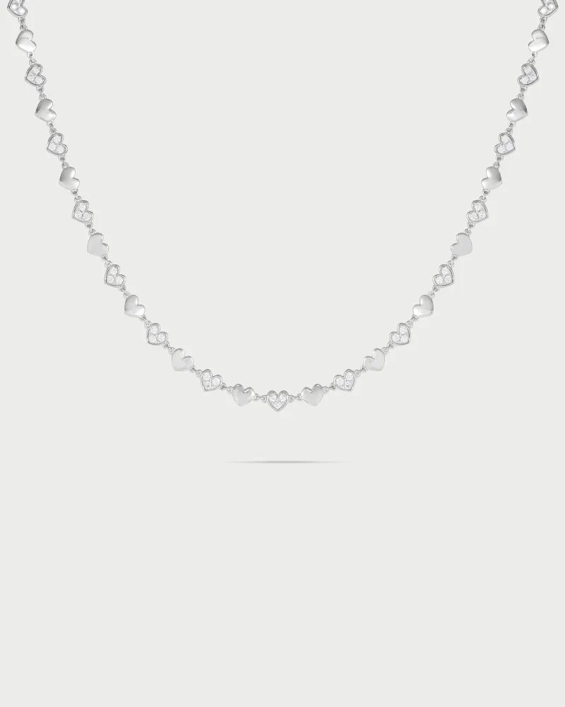 Rue Des Mill Necklace with pav√© and with plain hearts - STARDUST TEN - Rhodium
