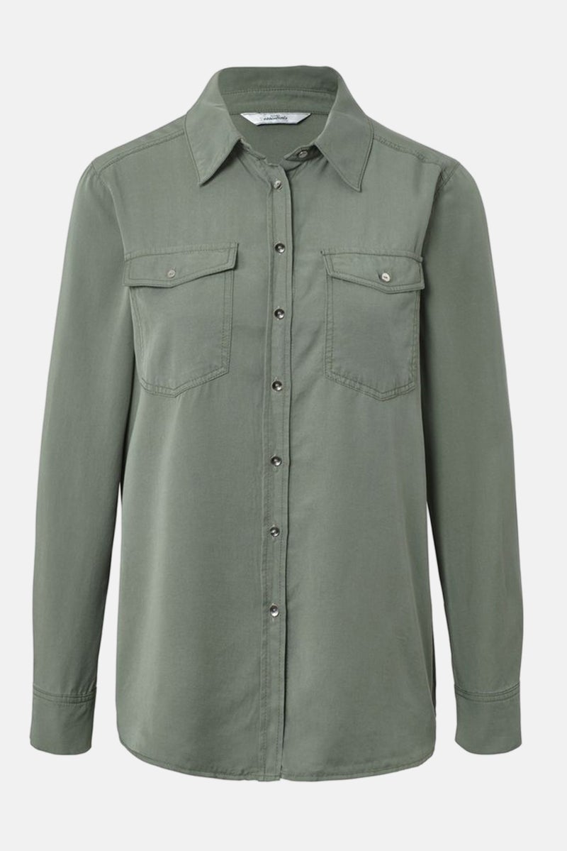 Tchibo Women Spread Collar Long Sleeve Plain Shirt, Olive  - Image 2