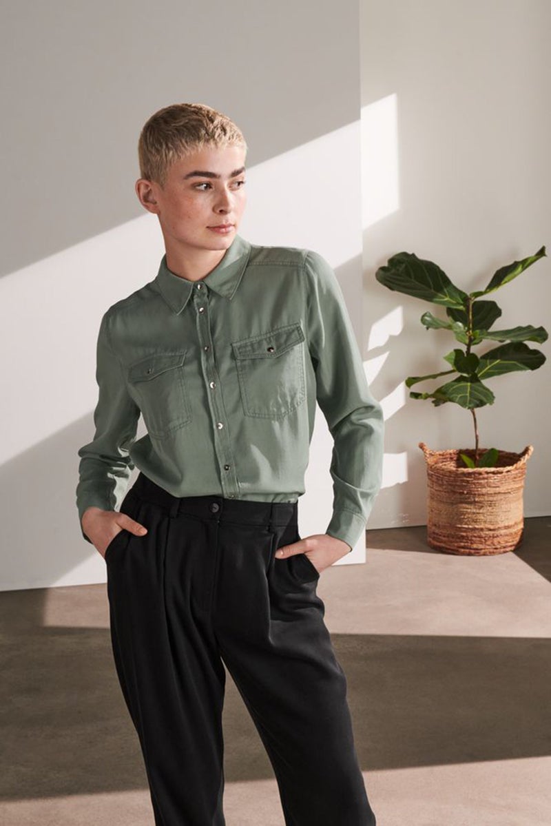 Tchibo Women Spread Collar Long Sleeve Plain Shirt, Olive  - Image 1